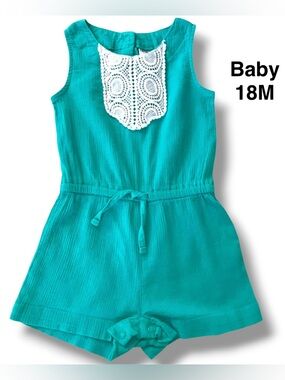 EUC, Carter’s Baby Girl Teal Sleeveless Romper with Lace Size 18 Months